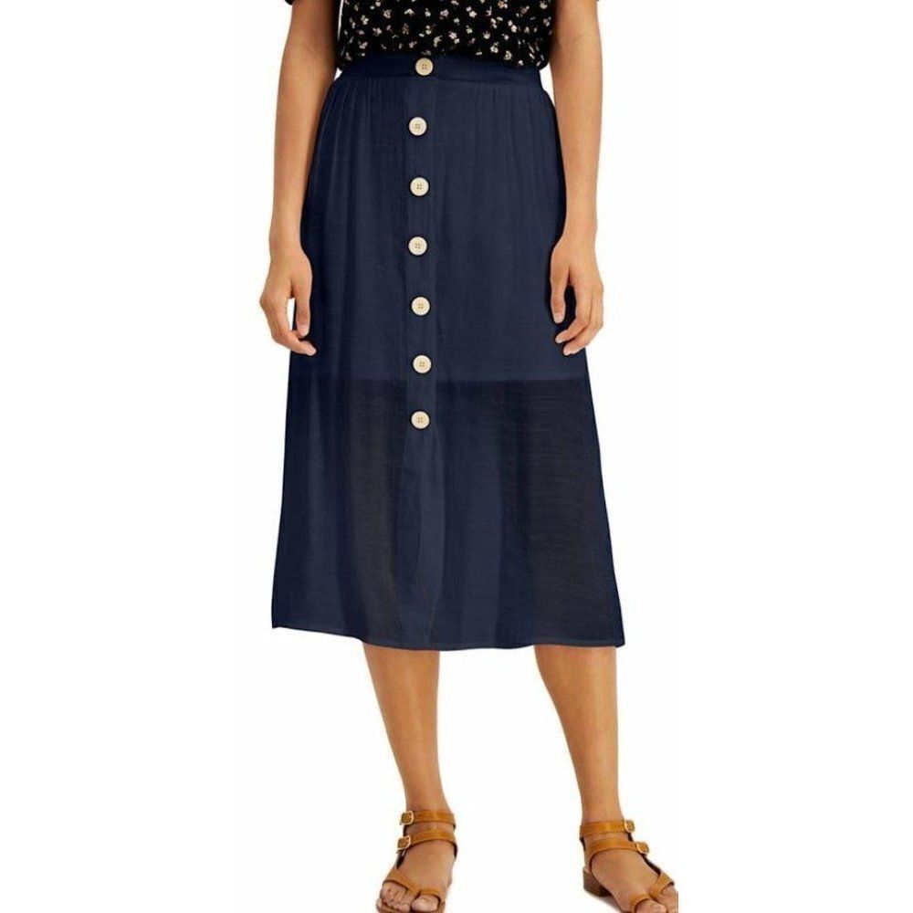 BCX Navy Blue Button Front MIdi Skirt Sz Large NEW